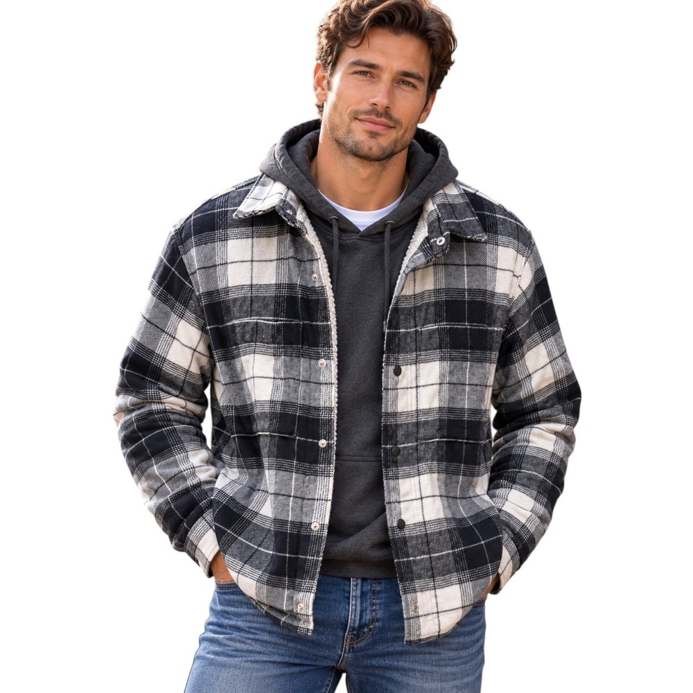 Old Navy Men's Sherpa Lined Shacket Large Black White Plaid Soft Brushed